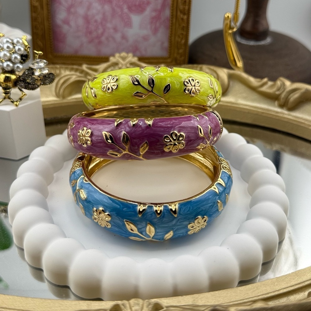 Floral Hand Painted Enamel Bangle - Blue